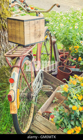 Bild von Vintage Fahrrad von Baum geparkt. Stockfoto