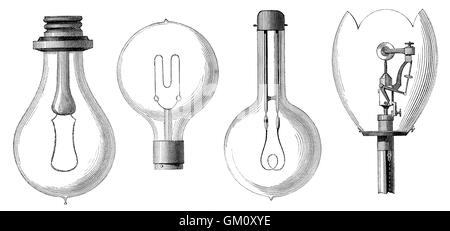 Glühbirne-Modelle von Edison, Maxim, Schwan und Werdermann, 19. Jahrhundert Stockfoto