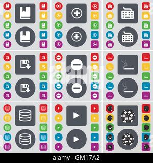 Wörterbuch, Plus, Tastatur, Floppy, Minus, Zigarette, Datenbank, Spiel, Ball Symbol Symbol. Eine große Anzahl von flachen, farbigen Tasten für Stock Vektor