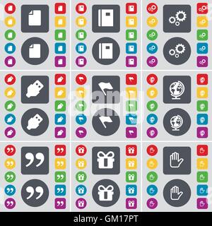 Datei, Notebook, Gang, USB, Flagge, Globus, Anführungszeichen, Geschenk, Hand Symbol. Eine große Auswahl an flache, farbige Schaltflächen für Ihre Konstruktion. Vektor Stock Vektor