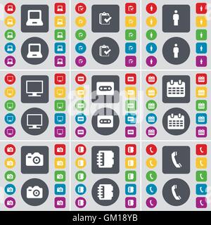 Laptop, Umfrage, Silhouette, Monitor, Kassette, Kalender, Kamera, Symbol. Eine große Auswahl an flache, farbige Schaltflächen für Ihre Konstruktion. Vektor Stock Vektor
