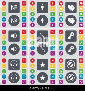 Anzahl, Silhouette, Herzen, Sound, Link, Taste, Kopfhörer, Stern, Stop Symbol. Eine große Auswahl an flache, farbige Schaltflächen für Ihre Konstruktion. Vektor Stock Vektor