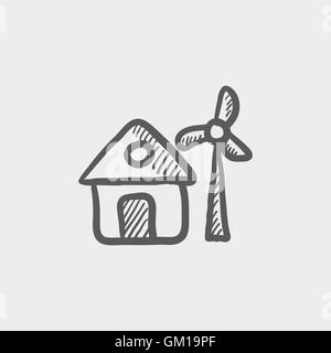 Haus mit Windmühle Skizzensymbol Stock Vektor
