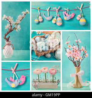 Collage mit Pastell blau und rosa gefärbt Oster-Deko Stockfoto