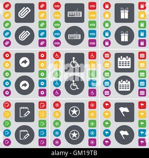 Clip, Tastatur, Geschenk, deaktiviert zurück, Person, Kalender, Umfrage, Star, Flaggen-Symbol-Symbol. Eine große Anzahl von flachen, farbigen Tasten für Stock Vektor