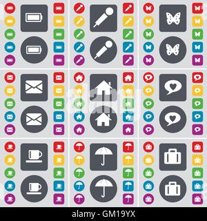 Akku, Mikrofon, Schmetterling, Nachricht, Haus, Sprechblase, Tasse Symbol. Eine große Auswahl an flache, farbige Schaltflächen für Ihre Konstruktion. Vektor Stock Vektor