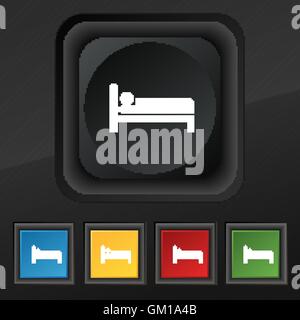 Hotel Icon Symbol. Satz von fünf bunten, stilvolle Knöpfe am schwarzen Textur für Ihr Design. Vektor Stock Vektor