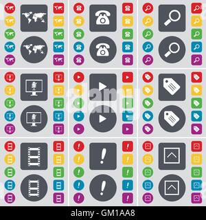 Globus, Retro, Lupe, Monitor, Medien spielen, Tag, Negativ Filme, Ausrufezeichen, Pfeil nach oben Symbol. Eine große Auswahl an flache, farbige Schaltflächen für Ihre Konstruktion. Vektor Stock Vektor