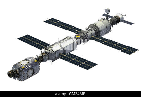 Internationale Raumstation ISS Over White Background. 3D Illustration. Stockfoto