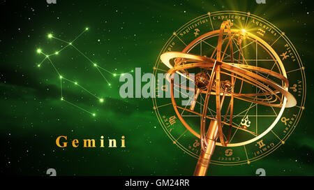 Armillarsphäre und Sternbild Gemini auf grünem Hintergrund. 3D Illustration. Stockfoto