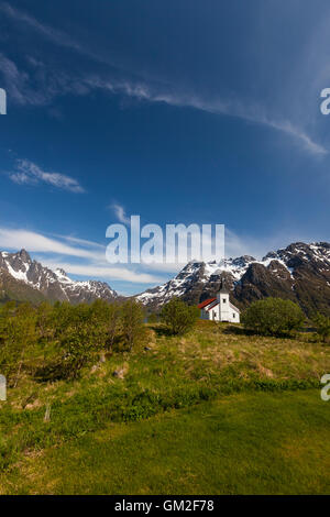 Sildpollnes Kirche auf der Sildpollneset Halbinsel, Lofoten Inseln, Norwegen. Stockfoto