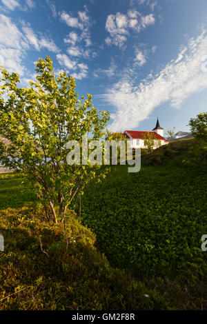 Sildpollnes Kirche auf der Sildpollneset Halbinsel, Lofoten Inseln, Norwegen. Stockfoto