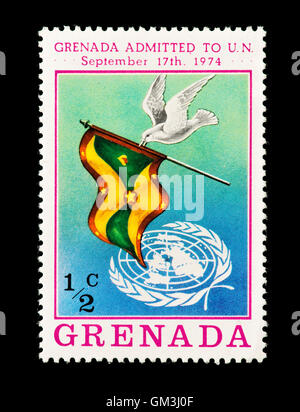 Briefmarke von Grenada seiner Aufnahme in die Vereinten Nationen zu feiern. Stockfoto