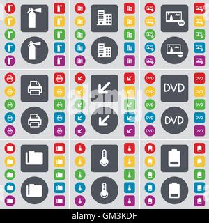 Feuerlöscher, Bild, Drucker, Bereitstellung-Bildschirm, DVD, Ordner, Thermometer, Batterie Symbol. Eine große Auswahl an flache, farbige Schaltflächen für Ihre Konstruktion. Vektor Stock Vektor