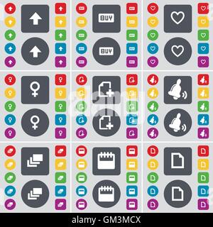 Pfeil nach oben, Kaufen, Herz, Venus Symbol, Datei, Bell, Galerie, Kalender, Datei- Symbol. Eine große Auswahl an flache, farbige Schaltflächen für Ihre Konstruktion. Vektor Stock Vektor