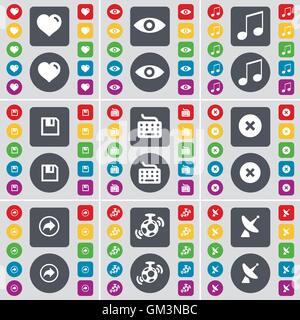 Herz, Vision, Hinweis, Diskettenlaufwerk, Tastatur, Stopp, Zurück, Lautsprecher, Satellitenschüssel Symbol. Eine große Auswahl an flache, farbige Schaltflächen für Ihre Konstruktion. Vektor Stock Vektor