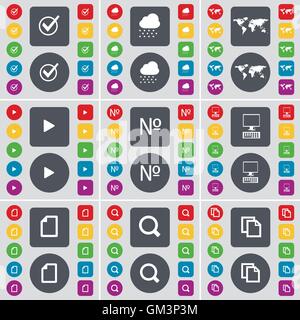 Tick, Cloud, Globus, Medien spielen, Anzahl, PC, Datei, Lupe, Symbol Kopieren Symbol. Eine große Auswahl an flache, farbige Schaltflächen für Ihre Konstruktion. Vektor Stock Vektor