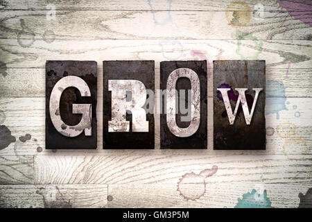 Das Wort "GROW" geschrieben in Vintage schmutzig Metall Buchdruck Typ auf einem weiß getünchten hölzernen Hintergrund mit Tinte und Farbe Flecken. Stockfoto