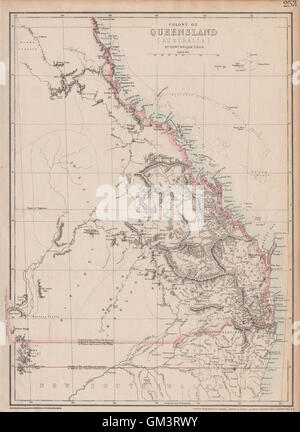 "KOLONIE VON QUEENSLAND (AUSTRALIEN)". Aktuelle & 1850 NSW-Grenze. WELLER, 1863-Karte Stockfoto