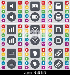 Klang, Akku, Drucker, Diagramm, Wi-Fi, Datei, Laptop, Silhouette, Movieclip-Symbol-Symbol. Eine große Anzahl von flachen, farbige Tasten für yo Stock Vektor