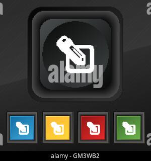 Bleistift-Symbol Symbol. Satz von fünf bunten, stilvolle Knöpfe am schwarzen Textur für Ihr Design. Vektor Stock Vektor