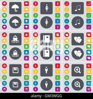 Regenschirm, Silhouette, Hinweis, Schiff, Hinweis, Herz, Floppy, Silhouette, Symbol Vergrößerungsglas-Symbol. Eine große Auswahl an flache, farbige Schaltflächen für Ihre Konstruktion. Vektor Stock Vektor