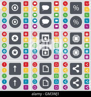 Pfeil nach unten, Chat Wolke, Prozent, Sterne, Fenster, Prozessor, Pfeil nach oben, Aktie Symbol Symbol-Datei. Eine große Anzahl von flachen, farbigen Taste Stock Vektor