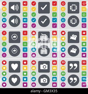 Sound, Tick, Smartphone, Rücken, Tastatur, Filmkamera, Herz, Kamera, Anführungszeichen Symbol Symbol. Eine große Anzahl von flachen, farbigen bu Stock Vektor