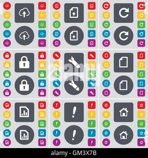 Cloud, Datei hochladen, Laden, Sperren, Rakete, Datei, Schaltplan Datei, Ausrufezeichen, Haus Symbol. Eine große Auswahl an flache, farbige Schaltflächen für Ihre Konstruktion. Vektor Stock Vektor