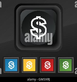 Dollar-Symbol Symbol. Satz von fünf bunten, stilvolle Knöpfe am schwarzen Textur für Ihr Design. Vektor Stock Vektor