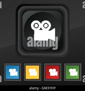 Video-Kamera-Symbol Symbol. Satz von fünf bunten, stilvolle Knöpfe am schwarzen Textur für Ihr Design. Vektor Stock Vektor