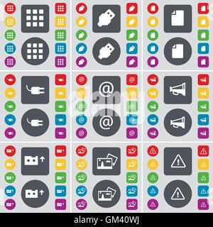 Apps, USB-, Datei-, Socket, Mail, Megaphon, Kassette, Bild, Symbol Warnung Symbol. Eine große Auswahl an flache, farbige Schaltflächen für Ihre Konstruktion. Vektor Stock Vektor