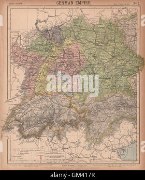 DEUTSCHLAND SCHWEIZ ÖSTERREICH. Baden Württemberg-Bayern-Tirol. LETTS, 1889-Karte Stockfoto