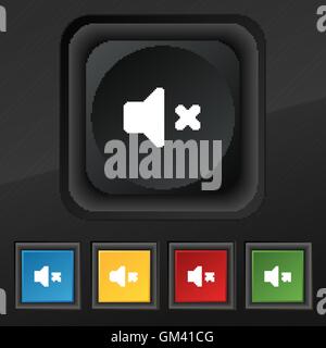 Stumme Lautsprecher, Sound-Symbol Symbol. Satz von fünf bunten, stilvolle Knöpfe am schwarzen Textur für Ihr Design. Vektor Stock Vektor