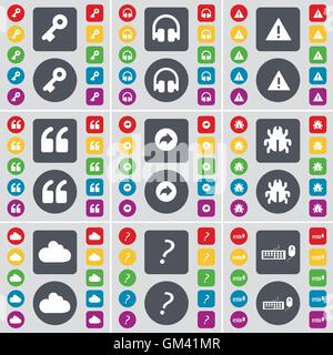 Schlüssel, Kopfhörer, Warnung, Anführungszeichen, Rücken, Bug, Cloud, Fragezeichen, Tastatur Symbol Symbol. Eine große Anzahl von flachen, farbigen bu Stock Vektor