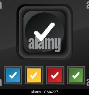 Häkchen, Tik Symbol Symbol. Satz von fünf bunten, stilvolle Knöpfe am schwarzen Textur für Ihr Design. Vektor Stock Vektor