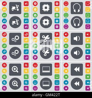 Scooter, Prozessor, Kopfhörer, Zahnräder, Schere, Sound, Plus, Laptop, Zurückspulen Symbol. Eine große Auswahl an flache, farbige Schaltflächen für Ihre Konstruktion. Vektor Stock Vektor