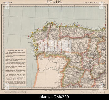 Nordwesten Spaniens Eisenbahn & Leuchttürme. Galizien Leon Asturien. LETTS, 1889-Karte Stockfoto