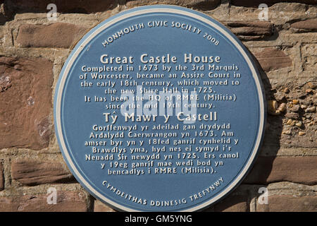 Große Burg Haus anmelden Monmouth Castle und Regimental Museum in Monmouth Wales Stockfoto