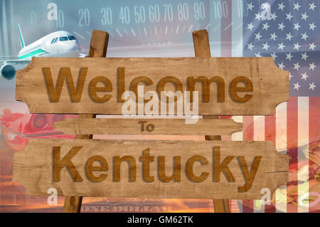 Herzlich Willkommen Sie in Kentucky State USA anmelden auf Holz, Travell Thema Stockfoto