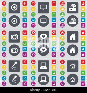 Pfeil abwärts, Monitor, Router, Kamera, Sprechblase, Haus, Mikrofon, Laptop Symbol. Eine große Auswahl an flache, farbige Schaltflächen für Ihre Konstruktion. Vektor Stock Vektor