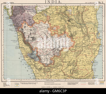 BRITISCH-INDIEN SÜDEN. Mysore Carnatic Madras. Telegrafen Eisenbahnen. LETTS 1889 Karte Stockfoto