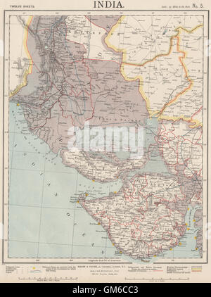 NW-INDIEN & S PAKISTAN. Sindh Gujarat Karachi Hyderabad. Eisenbahnen. LETTS 1889 Karte Stockfoto