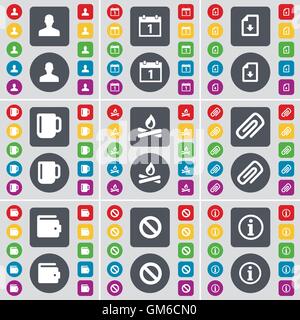 Avatar, Kalender, Download Datei, Tasse, Lagerfeuer, Clip, Portemonnaie, Stop, Informationen Symbol. Eine große Auswahl an flache, farbige Schaltflächen für Ihre Konstruktion. Vektor Stock Vektor
