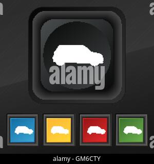 Jeep-Symbol Symbol. Satz von fünf bunten, stilvolle Knöpfe am schwarzen Textur für Ihr Design. Vektor Stock Vektor