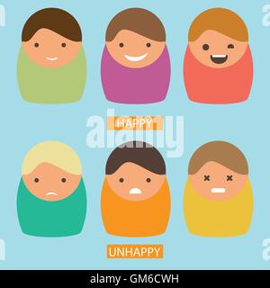 Cartoon abstrakte Symbole. Vektor Satz von Zeichen mit glückliche und unglückliche Emotionen. Flaches Bild Stock Vektor