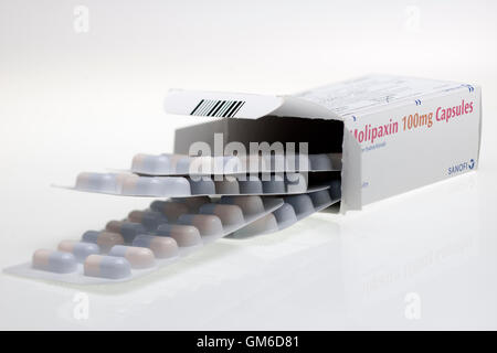 Schachtel mit Molipaxin 100mg Kapseln Antidepresant Trazodon Hydrochlorid Stockfoto