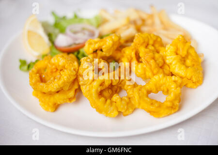 Römischen Stil Tintenfisch frisch frittiert serviert mit Pommes Frites und Salat in lokalen Restaurants in Garachico an tropischen Insel Teneriffa, Cana Stockfoto