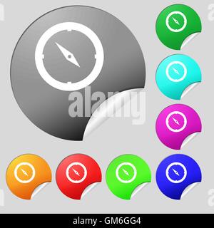 Kompass Zeichen Symbol. Windrose-Navigation-Symbol. Satz von acht Multi farbige Runde Buttons, Aufkleber. Vektor Stock Vektor