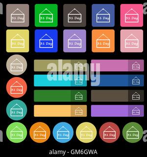 Kalendertag, 31 Tage Symbol Zeichen. Eingestellt von siebenundzwanzig mehrfarbige flache Schaltflächen. Vektor Stock Vektor